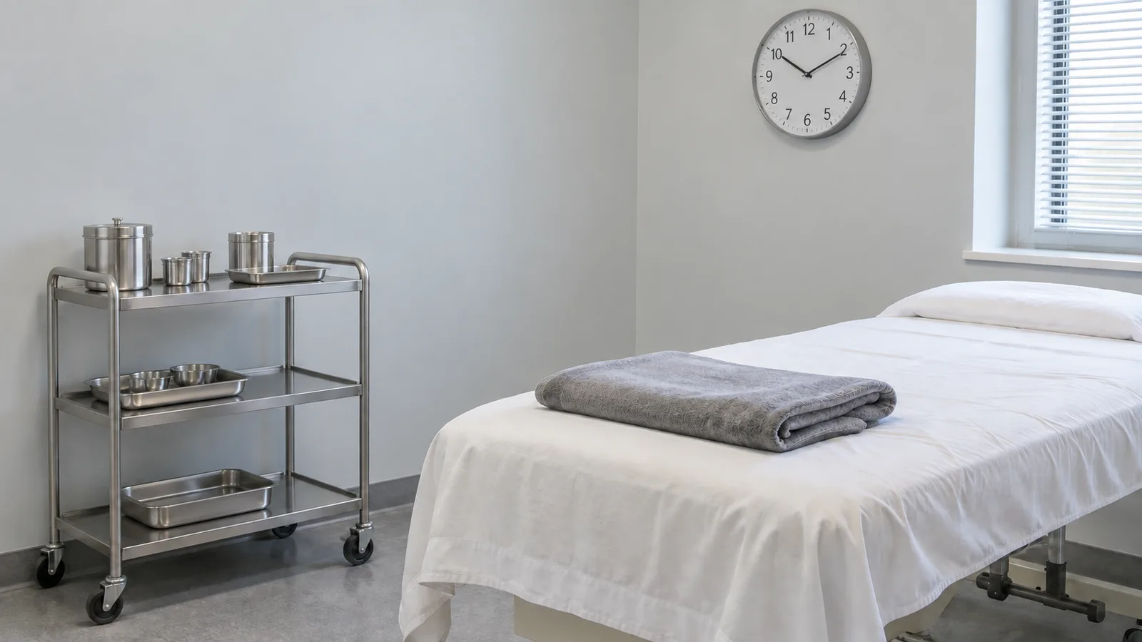 Plain treatment room with a sheet-covered bed and folded grey blanket, a steel instrument cart, and a wall clock.